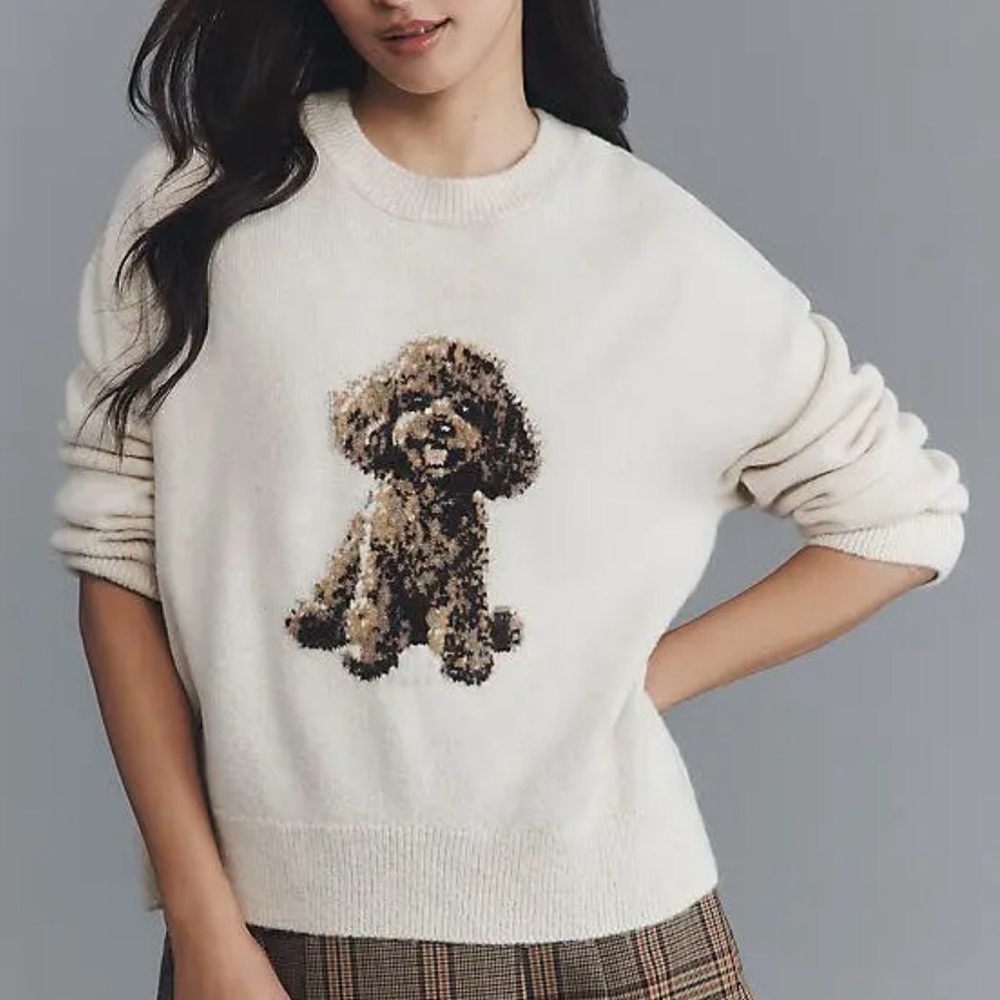Anthropologie Maeve Crew Neck Dog Icon Pullover Sweater Neutral Doodle Size XL